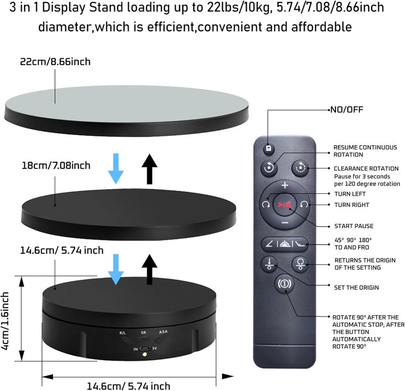 JAYEGT 3 in 1 Motorized Rotating Display Stand with 5.74 /7.08/ 8.66 inch Replacement Mirror Cover，Max 22lbs Load，360 Electronic Turntable for Photography Products (Mirror /3 in1 / Black/ Remote controller) - Image 4